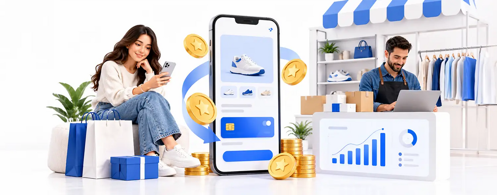 Shop Cash concept with a mobile shopper, reward coins, and a merchant beside a sales chart.