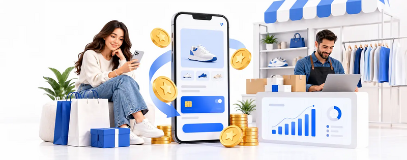 Shop Cash concept with a mobile shopper, reward coins, and a merchant beside a sales chart.