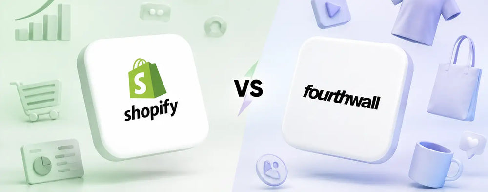 Fourthwall vs Shopify logos on a split ecommerce background with shopping and creator merchandise icons.
