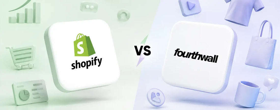 Fourthwall vs Shopify logos on a split ecommerce background with shopping and creator merchandise icons.