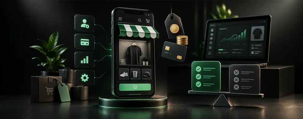 Shopify Starter plan shown as a mobile storefront with product listings, payment tools, analytics, and order management.
