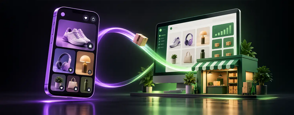 Shop vs Shopify concept with a shopping app, ecommerce storefront, and connected buying journey.