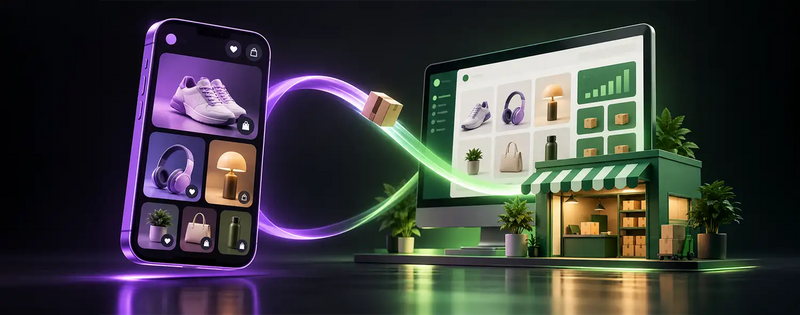 Shop vs Shopify concept with a shopping app, ecommerce storefront, and connected buying journey.
