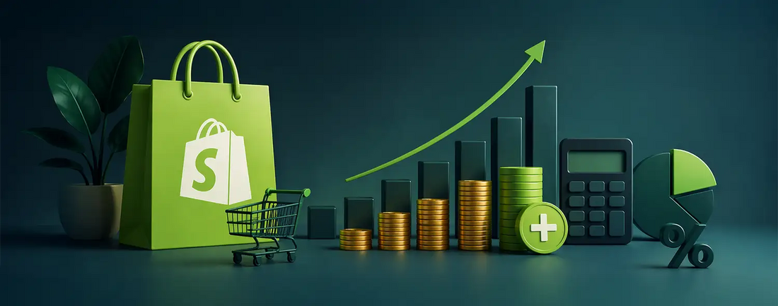 Shopify Plus pricing illustration with growth chart, calculator, shopping bag, and stacked coins.