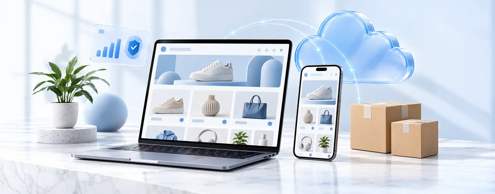 SaaS ecommerce platform shown on a laptop and smartphone, with a cloud icon and shipping boxes.