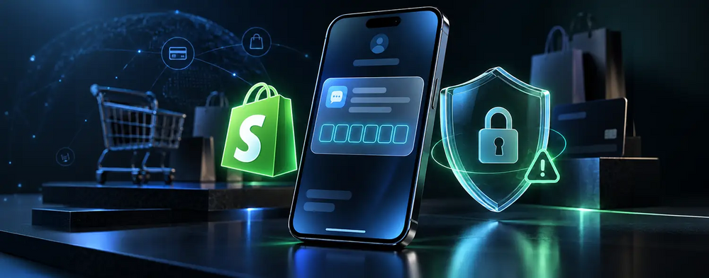 Shop verification code displayed on a smartphone beside the Shopify logo and a security shield.