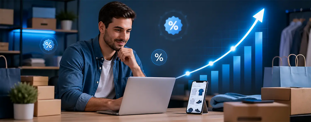 Shop owner reviews sales promotion examples with rising chart and discount icons.