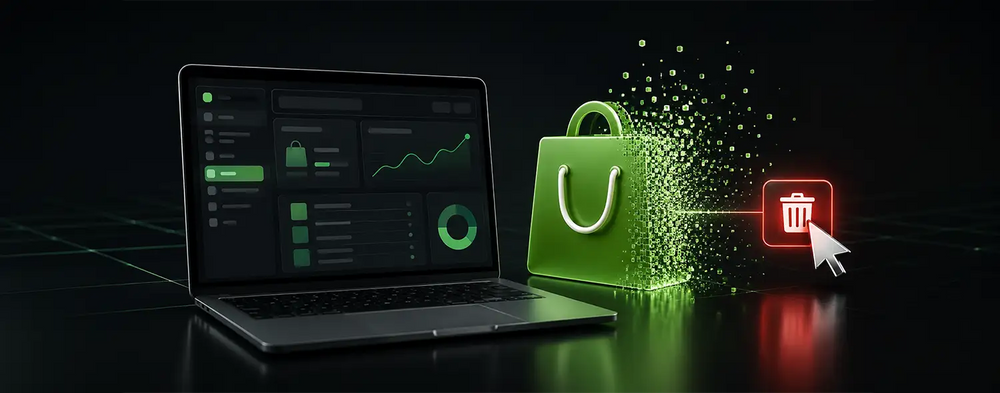 Laptop dashboard beside a shopping bag dissolving into pixels, illustrating how to delete a Shopify account.