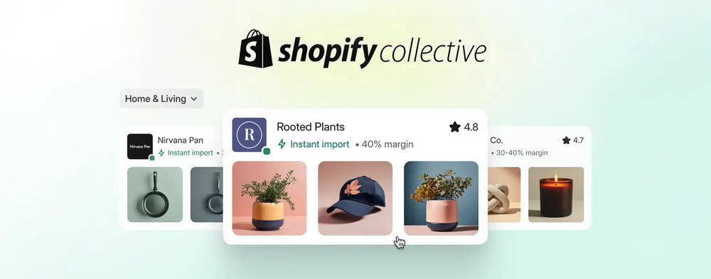 Shopify Collective interface showing synced supplier products with margins, ratings, and instant import options.