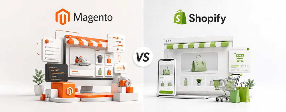 Magento vs Shopify ecommerce platforms shown side by side with online store dashboards and product displays.