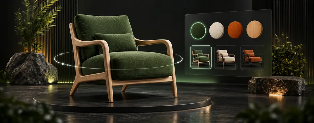 Green upholstered armchair beside a panel of color swatches and chair previews for 3D product customization.