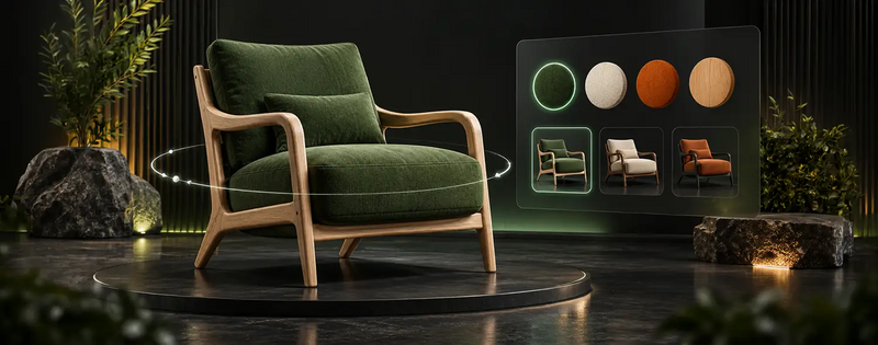 Green upholstered armchair beside a panel of color swatches and chair previews for 3D product customization.