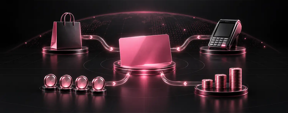 Klarna business model visual with shopping, payment terminal, card, customers, and rising revenue coins.