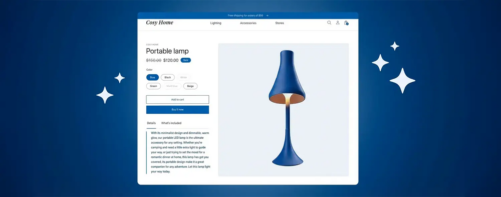 AI-generated Shopify product description preview for a portable lamp on a product page.