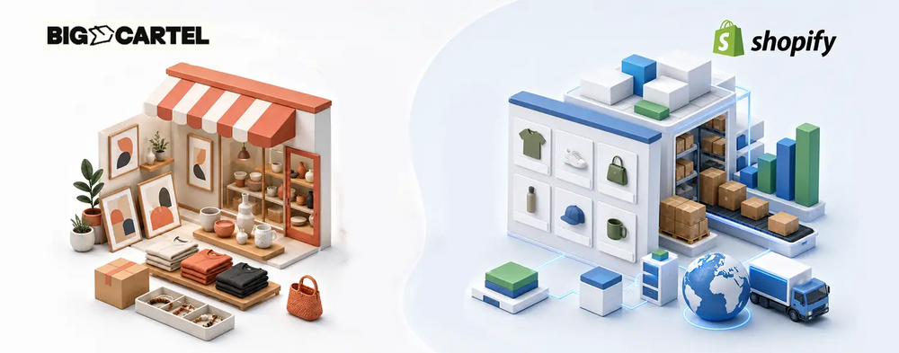 Big Cartel vs Shopify comparison showing a small artist shop and a scalable ecommerce business.