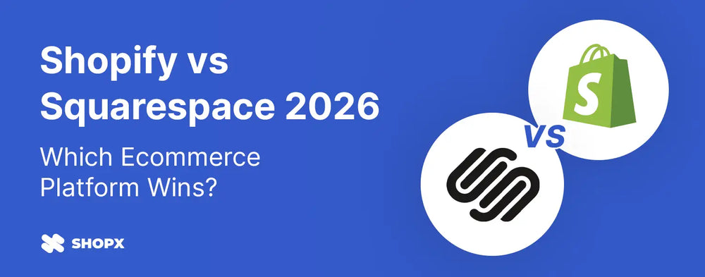 Shopify vs Squarespace 2026 comparison banner with platform logos and ecommerce headline.