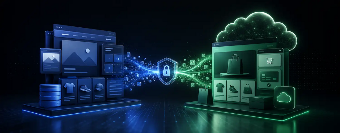 Ecommerce migration case study visual: secure data transfer from one store platform to the cloud.