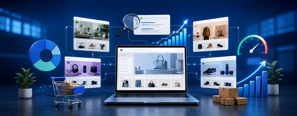 Illustration of the best ecommerce platform for SEO with product pages, analytics charts, and a shopping cart.