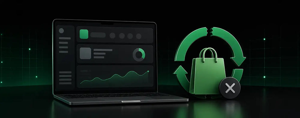 How to cancel Shopify subscription illustrated with a store dashboard, shopping bag, circular arrows, and X icon.