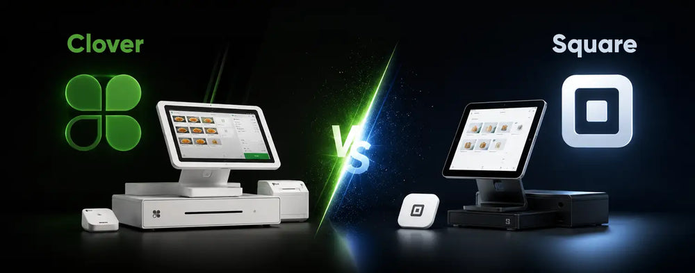 Clover vs Square POS systems shown side by side with branded terminals and payment hardware.