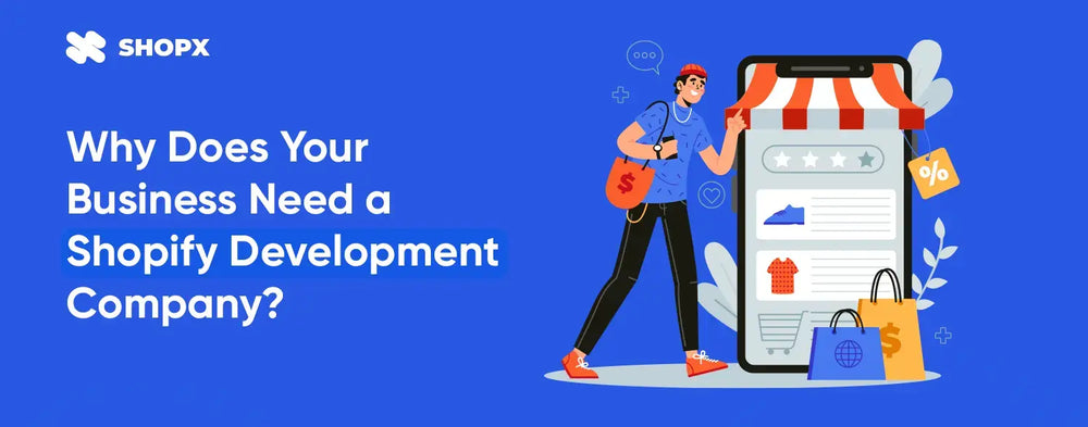 Shopify development company ad showing a delivery person interacting with a mobile store interface on a phone